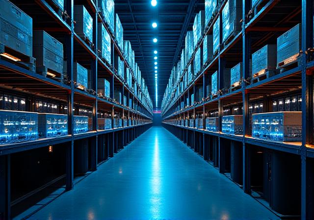 Automated warehouse sorting system in a dark industrial environment