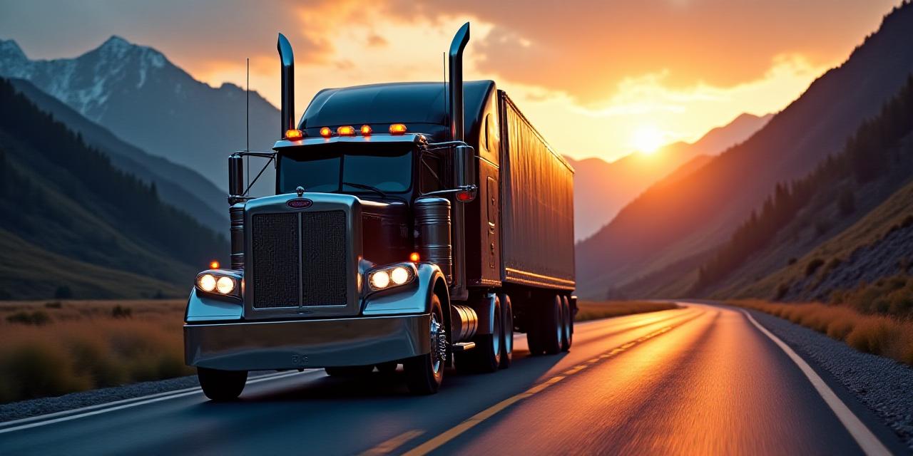Heavy duty truck navigating a mountain pass at dusk