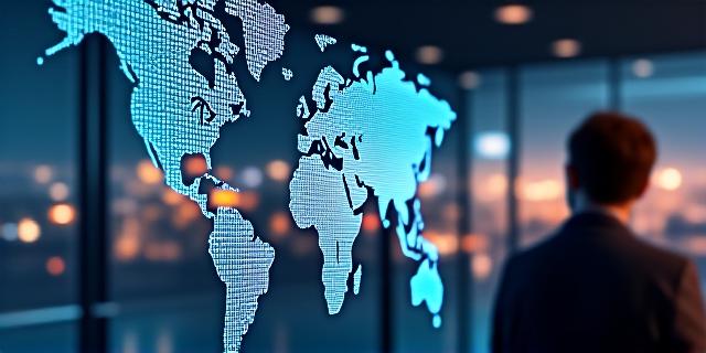 Global logistics control center with digital maps and container ships